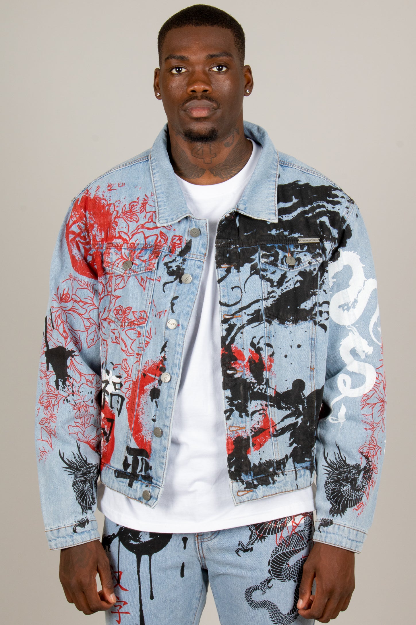 All-Over Dragon Graffiti Print Oversized Stonewash Trucker Jacket