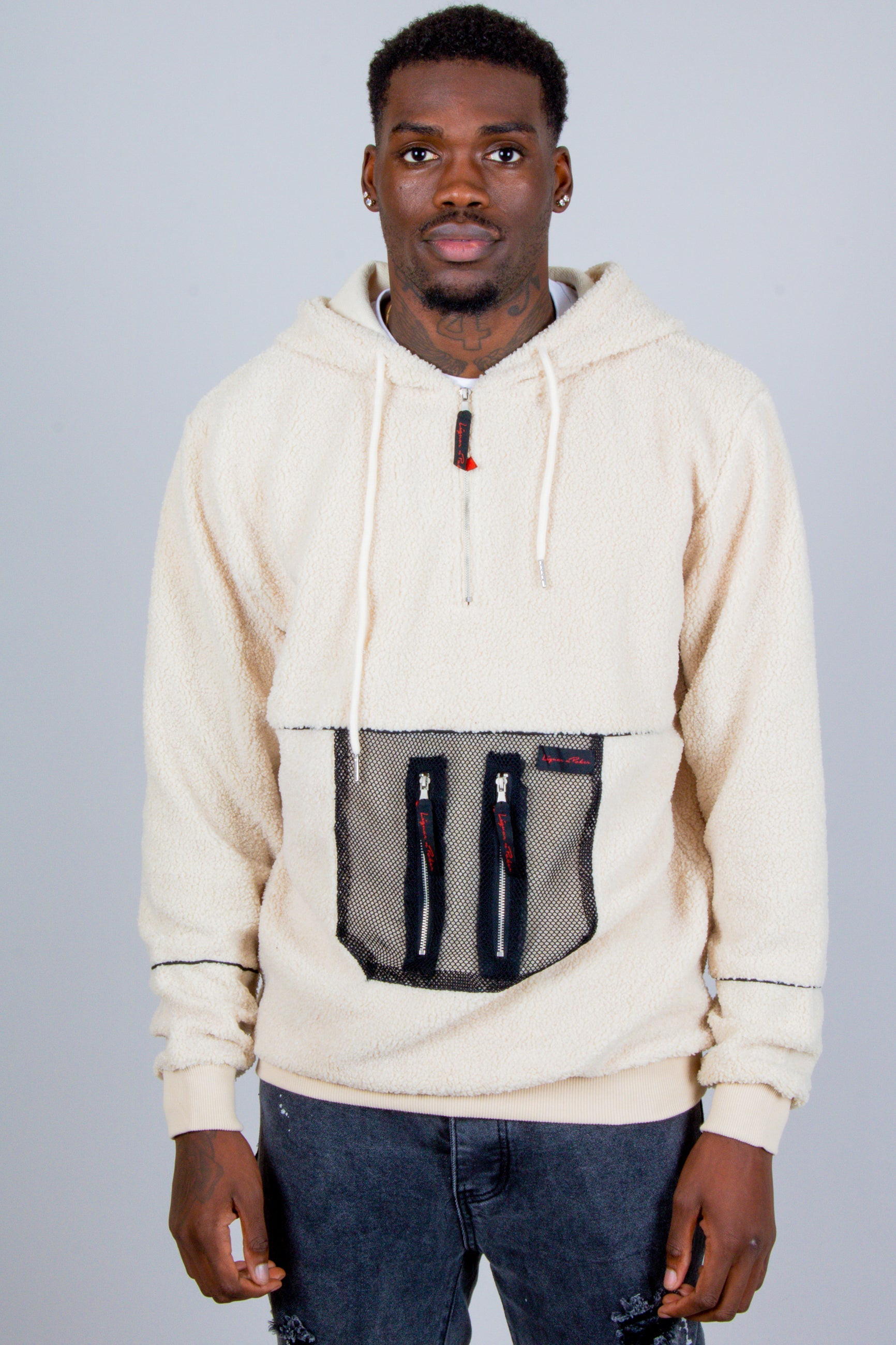 Alaska Borg Hoody With Mesh Pocket In Light Cream