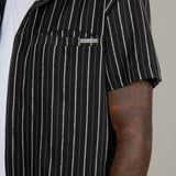 Black Pinstripe Revere Collar Short Sleeve Shirt