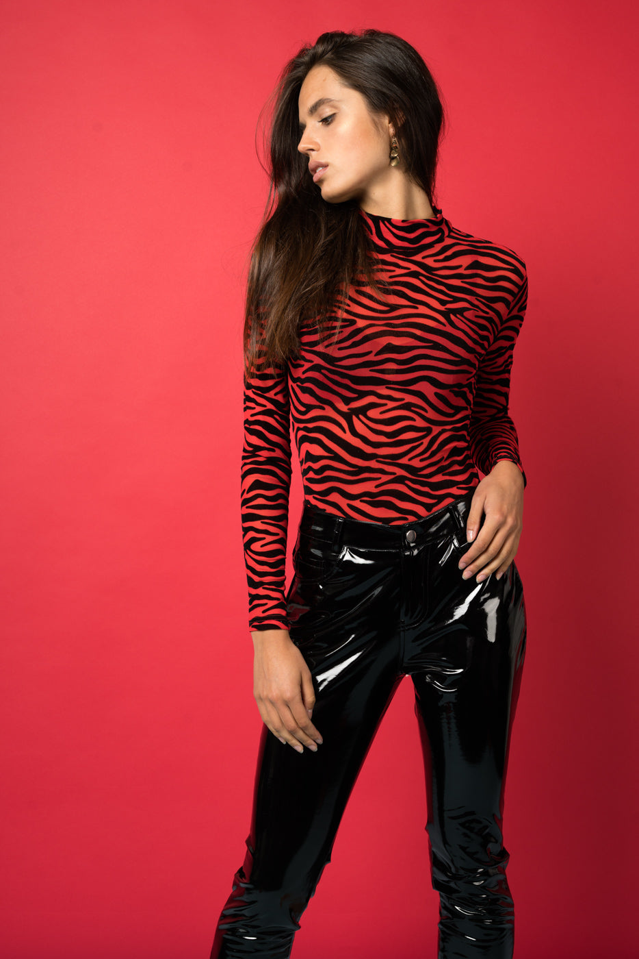 Red Tiger Mesh High Neck Bodysuit