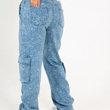 Blue Denim Floral Jacquard Cargo Jean