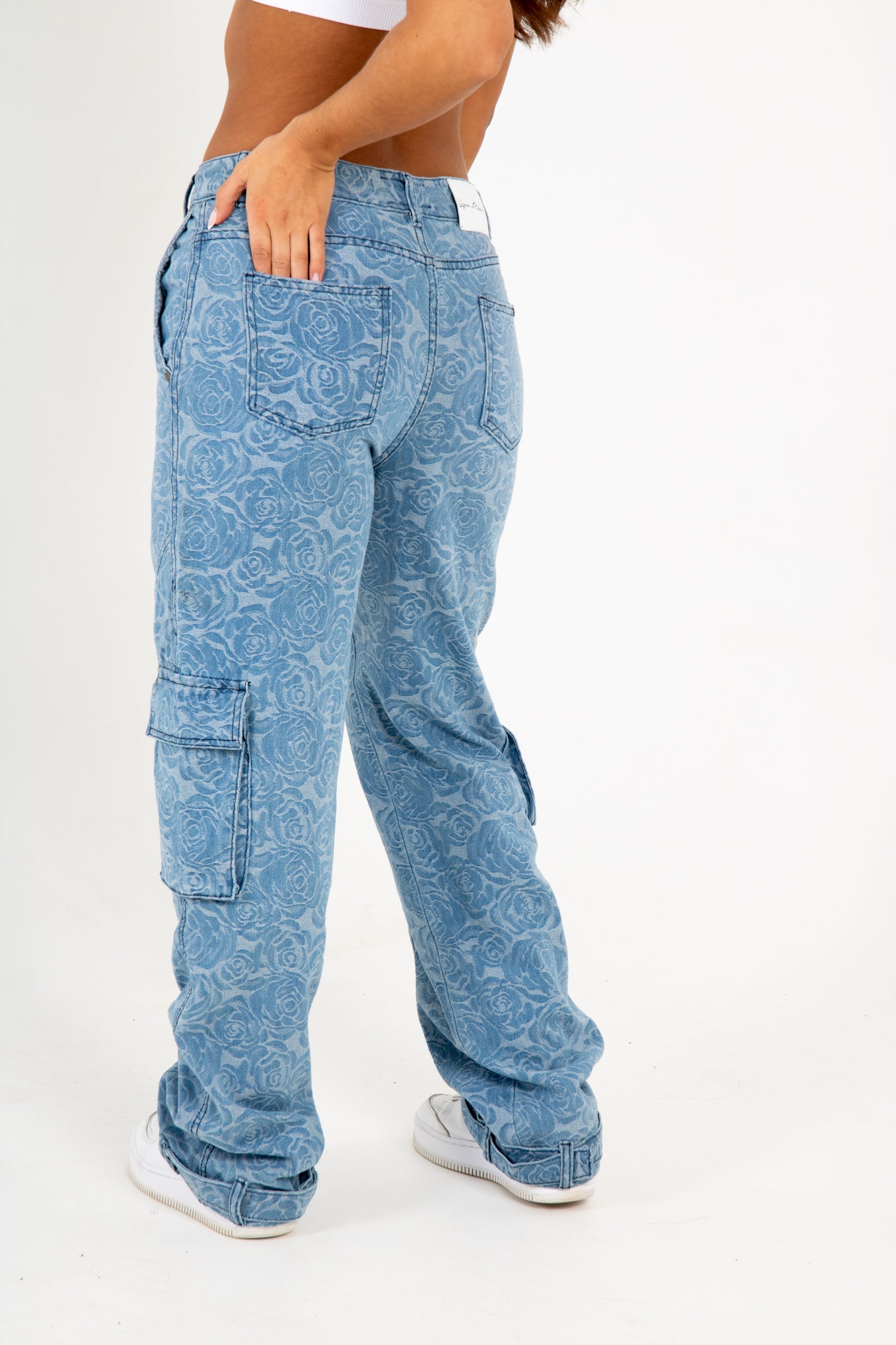 Blue Denim Floral Jacquard Cargo Jean