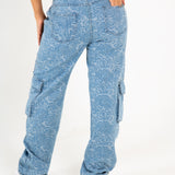 Blue Denim Floral Jacquard Cargo Jean