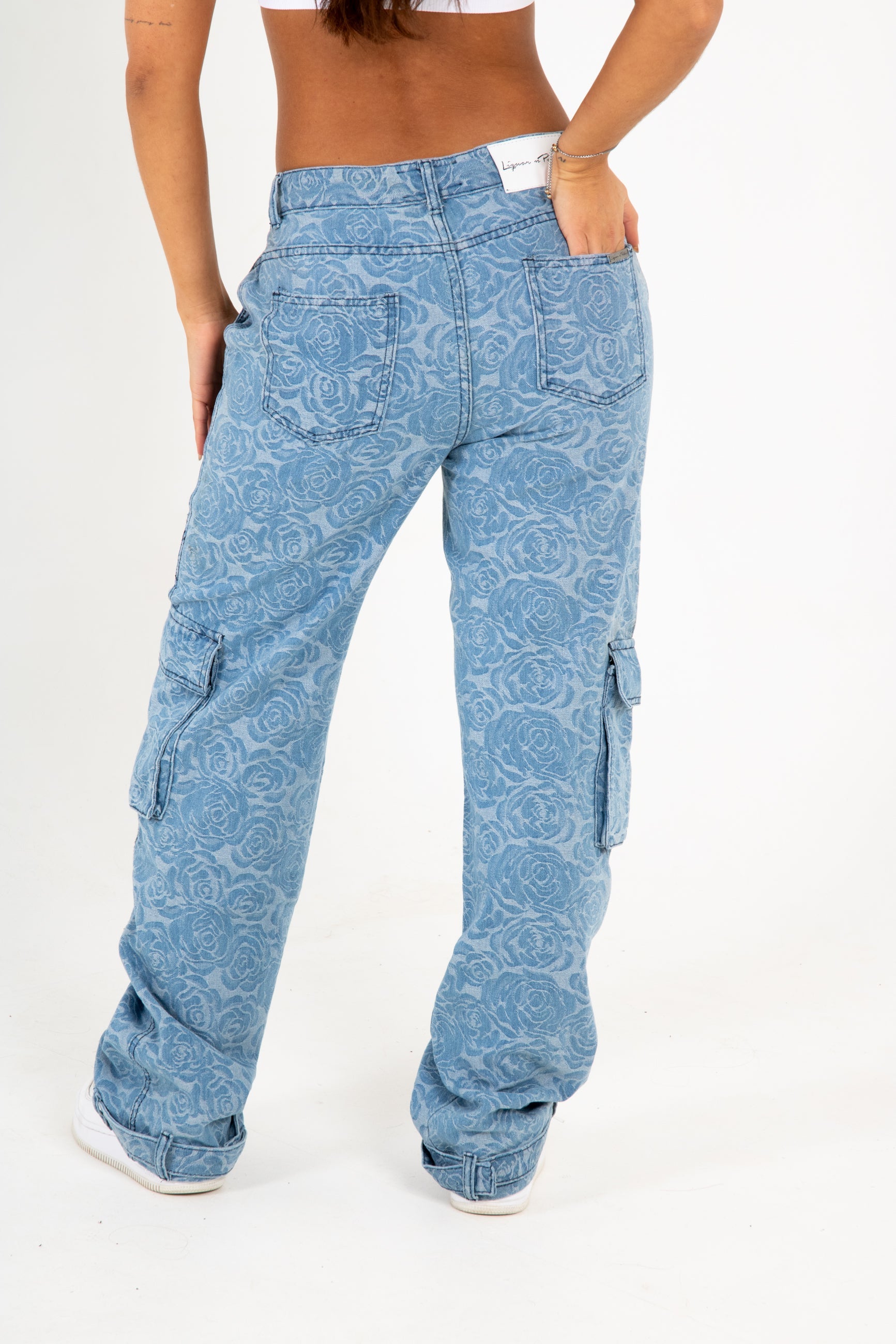 Blue Denim Floral Jacquard Cargo Jean