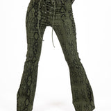 Khaki Snake Print Tie-Up Denim Flare