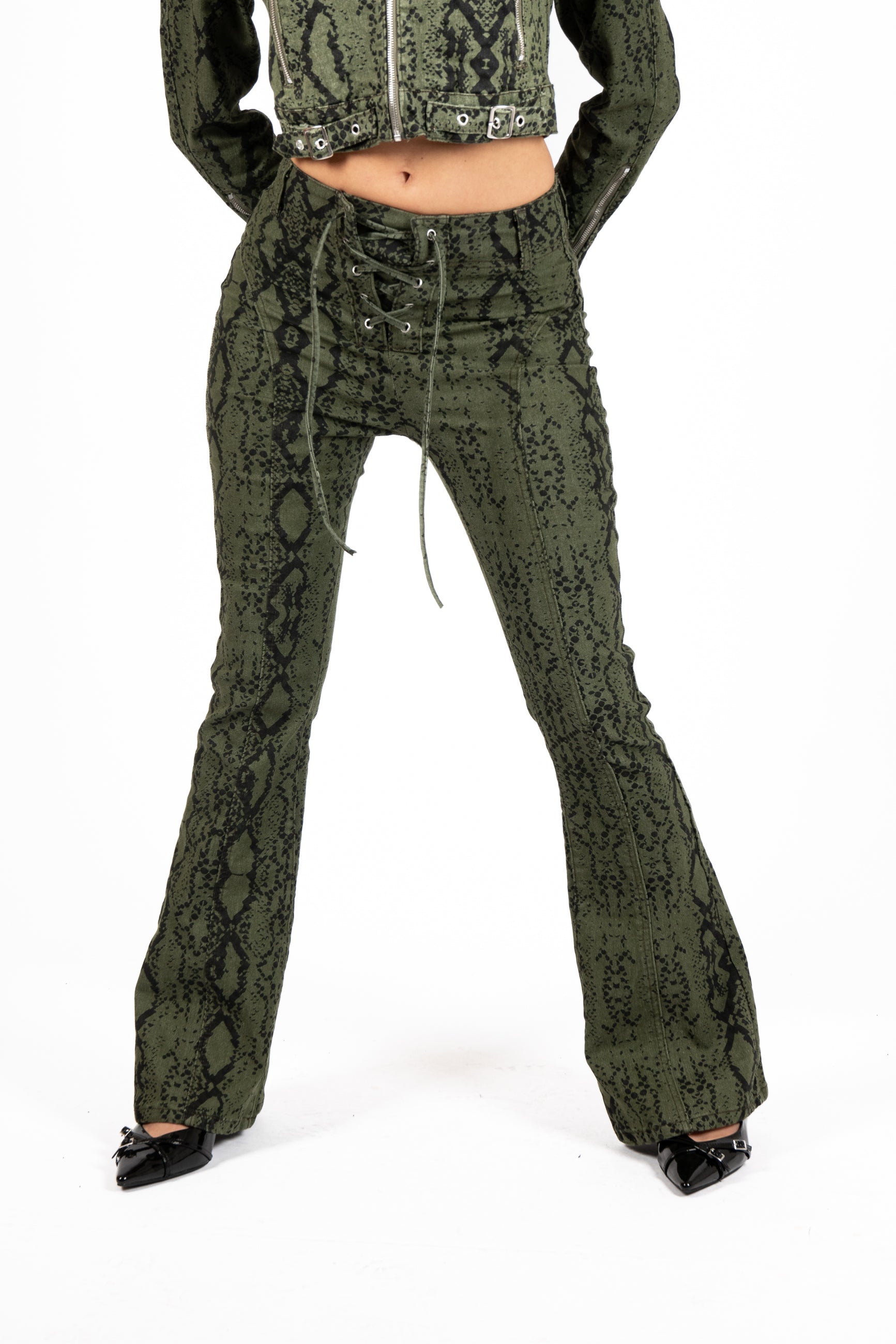 Khaki Snake Print Tie-Up Denim Flare