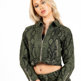 Khaki Snake Print Cropped Denim Jacket