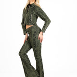 Khaki Snake Print Tie-Up Denim Flare