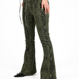 Khaki Snake Print Tie-Up Denim Flare