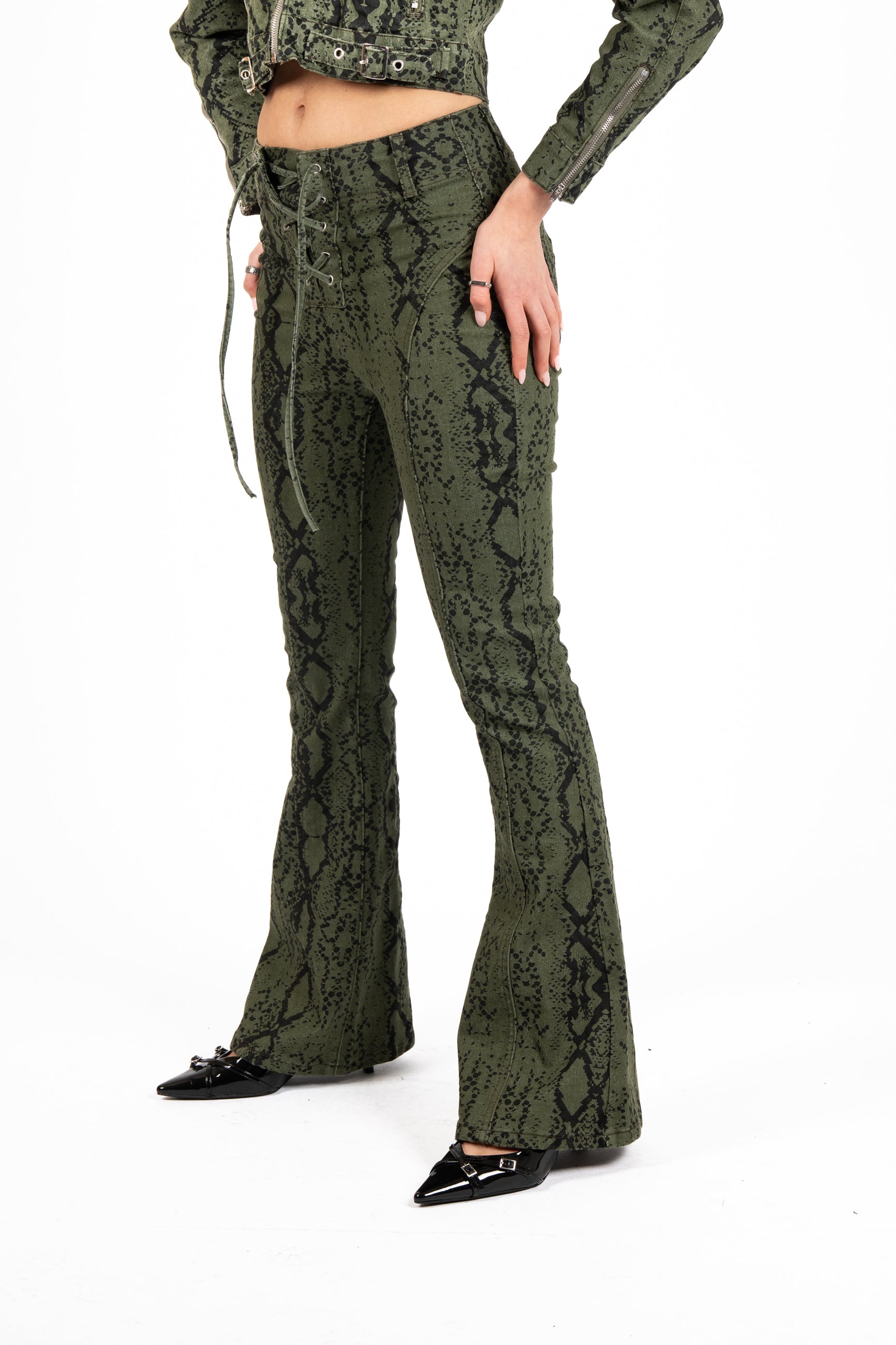 Khaki Snake Print Tie-Up Denim Flare