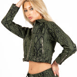 Khaki Snake Print Cropped Denim Jacket