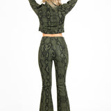 Khaki Snake Print Tie-Up Denim Flare