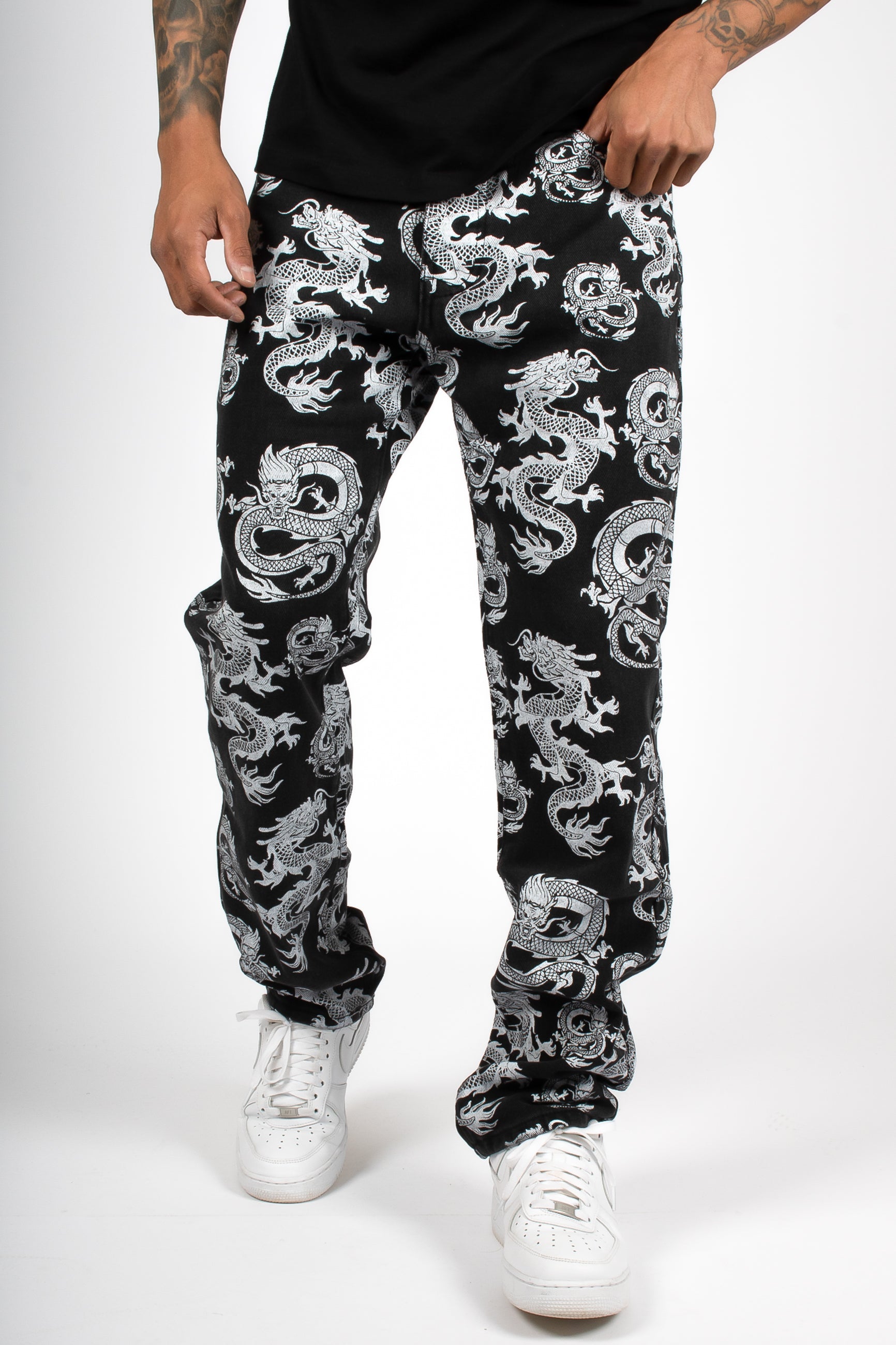 All-Over Dragon Print Straight Leg Black Jeans