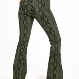 Khaki Snake Print Tie-Up Denim Flare