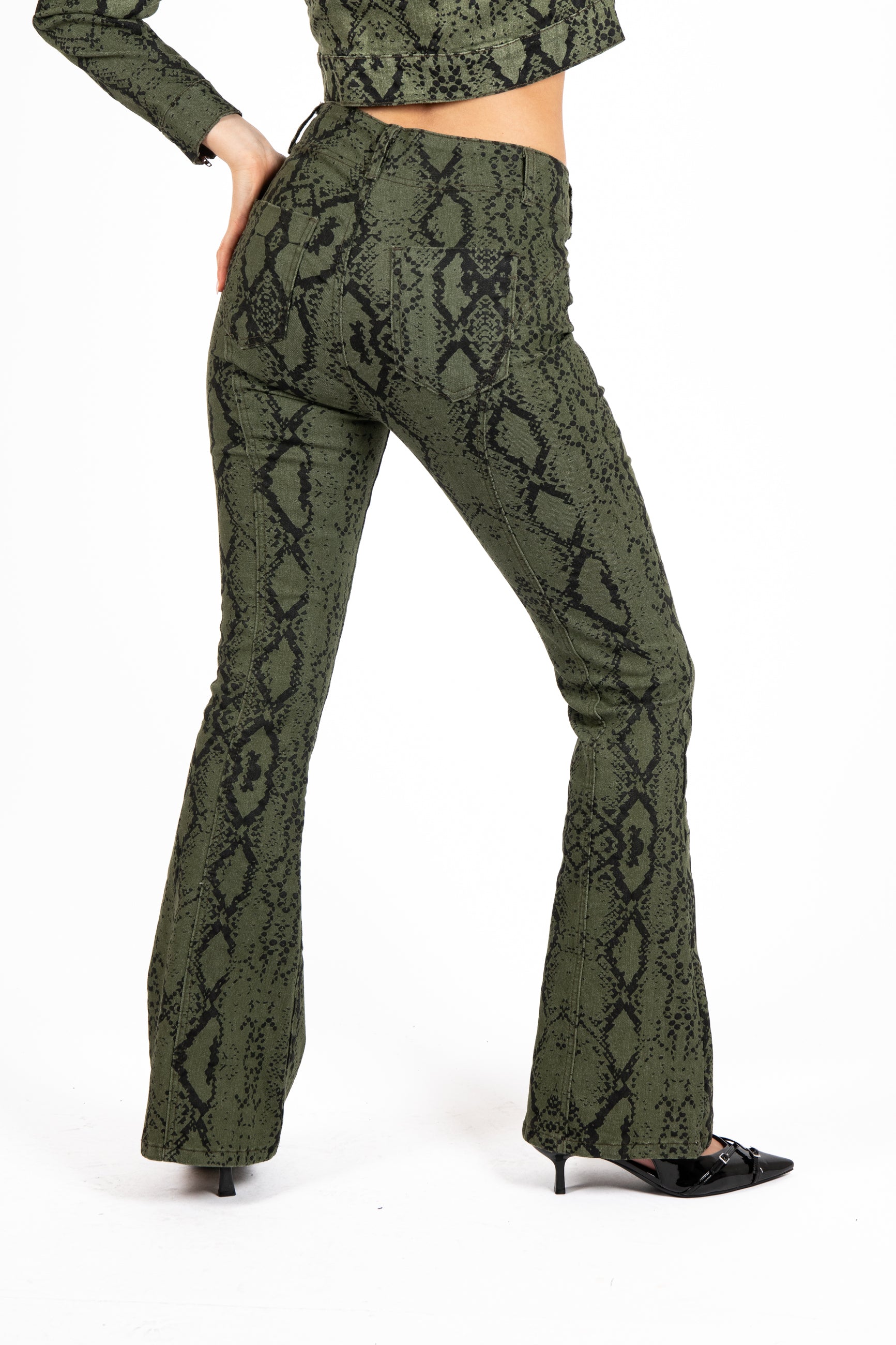 Khaki Snake Print Tie-Up Denim Flare