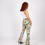 High Waisted Faded Newspaper Printed Flare