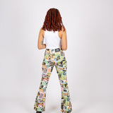 High Waisted Faded Newspaper Printed Flare