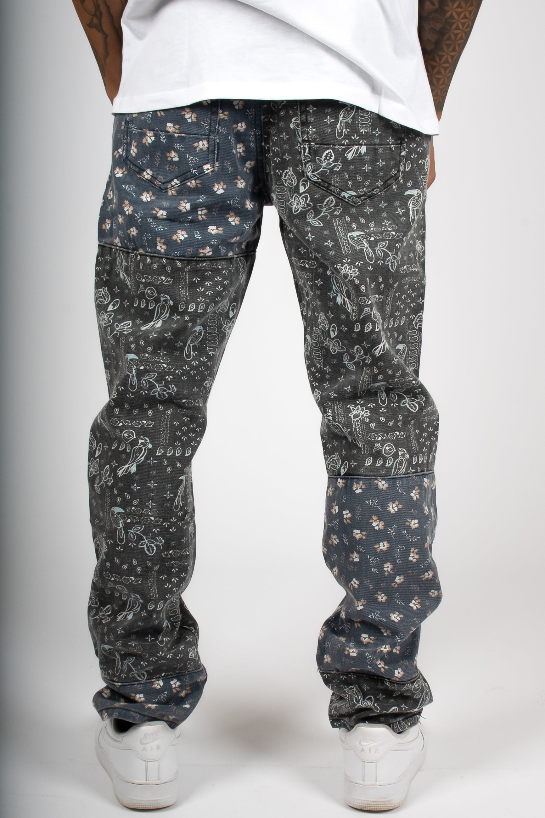 Straight Leg Denim Jeans in Black Paisley