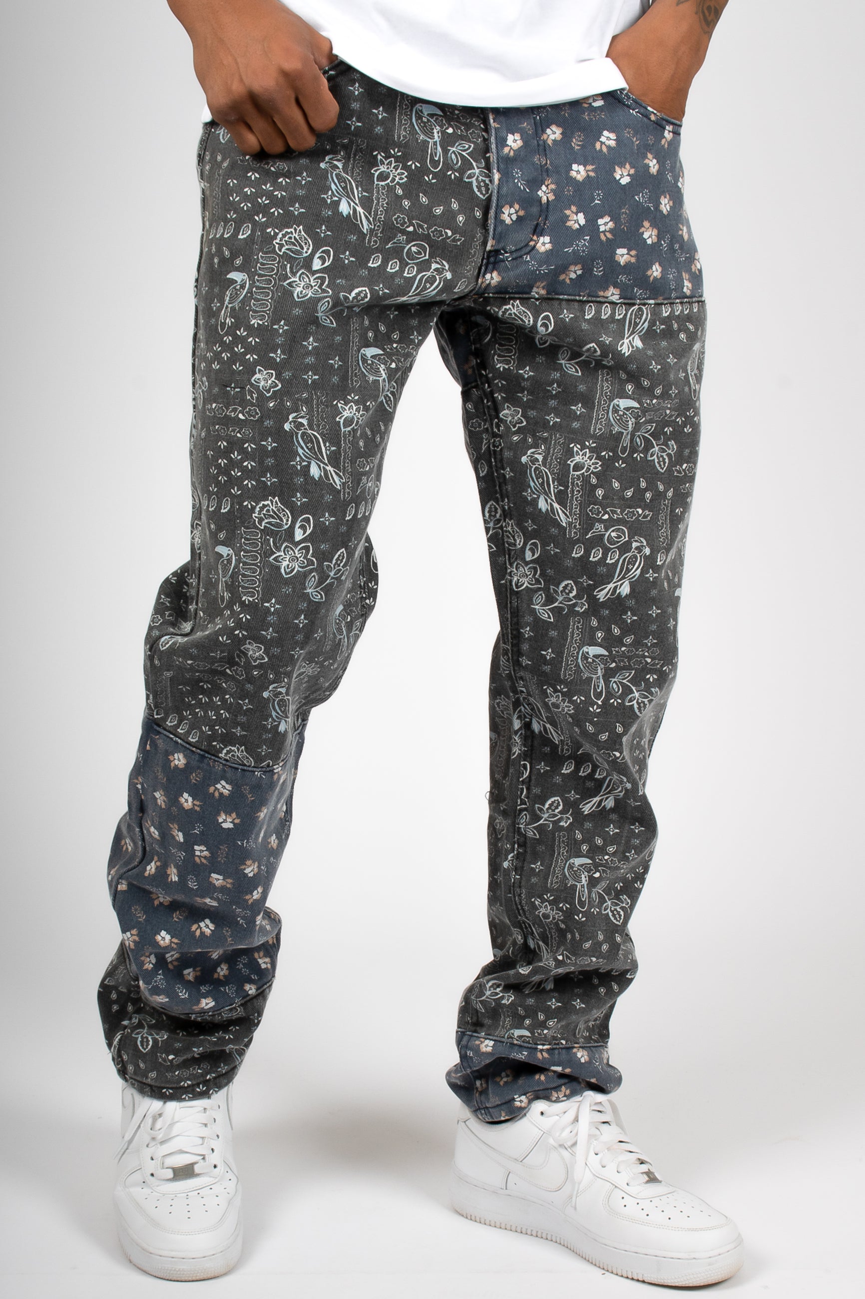 Straight Leg Denim Jeans in Black Paisley