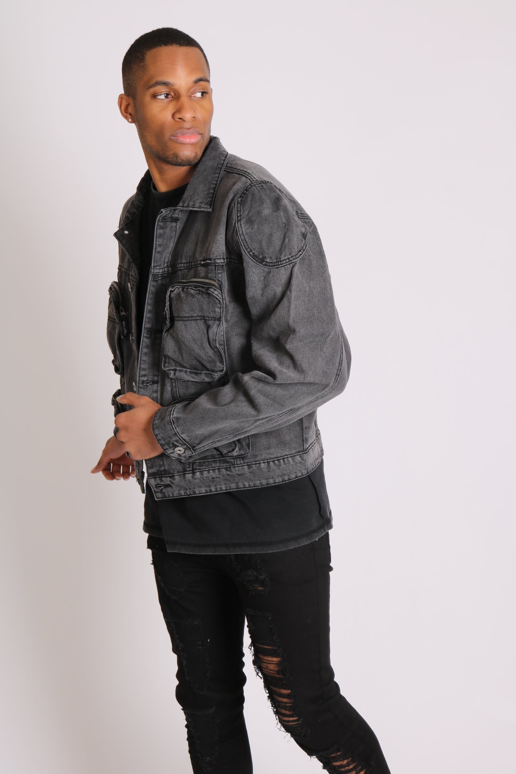 Fort Oversized Utility Pocket Denim Jacket In Washed Grey