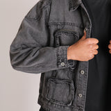 Fort Oversized Utility Pocket Denim Jacket In Washed Grey