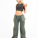 Acid Grey Ribbed Crop Top With Hook & Eye Detail