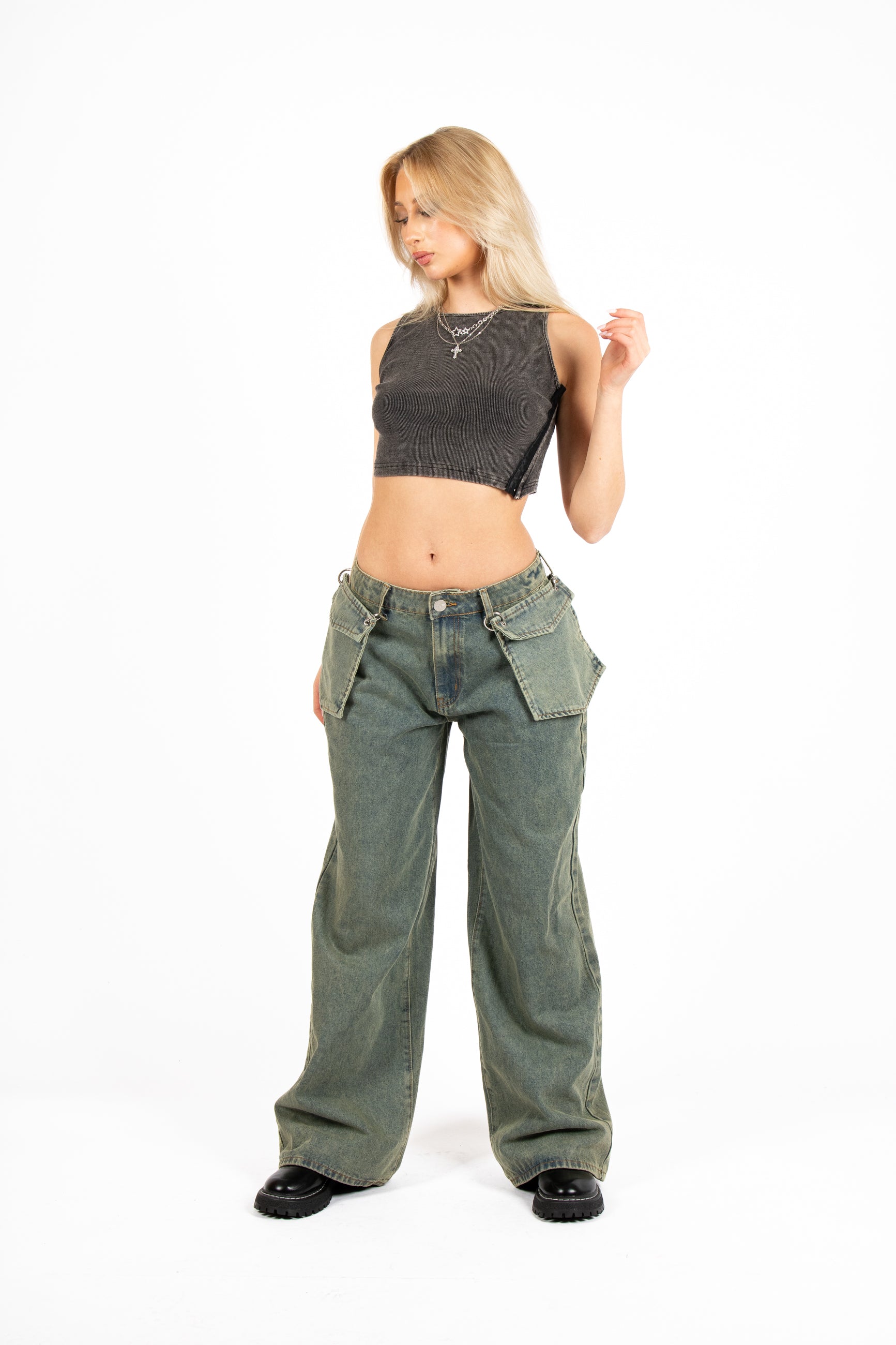 Acid Grey Ribbed Crop Top With Hook & Eye Detail