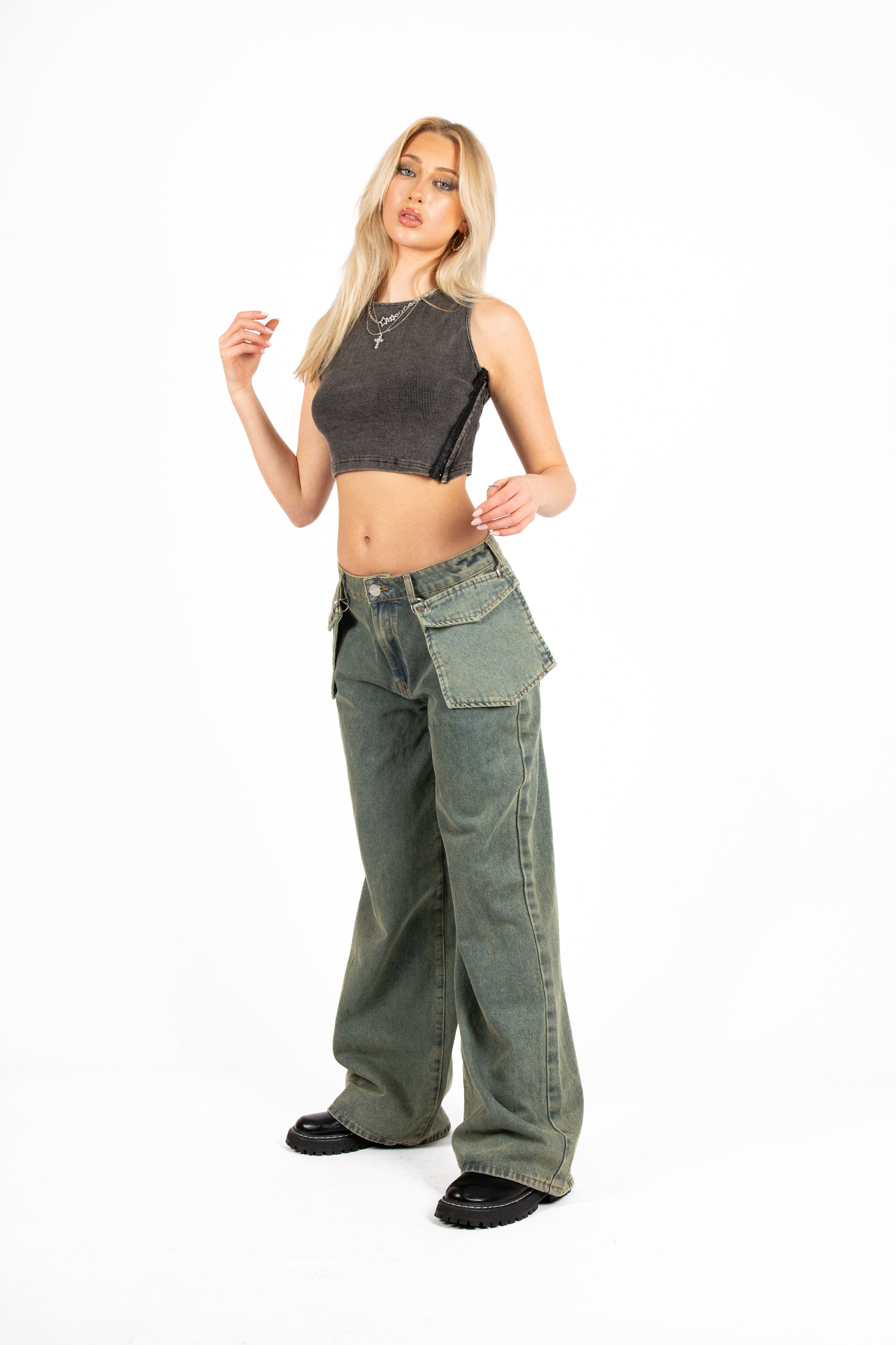 Acid Grey Ribbed Crop Top With Hook & Eye Detail