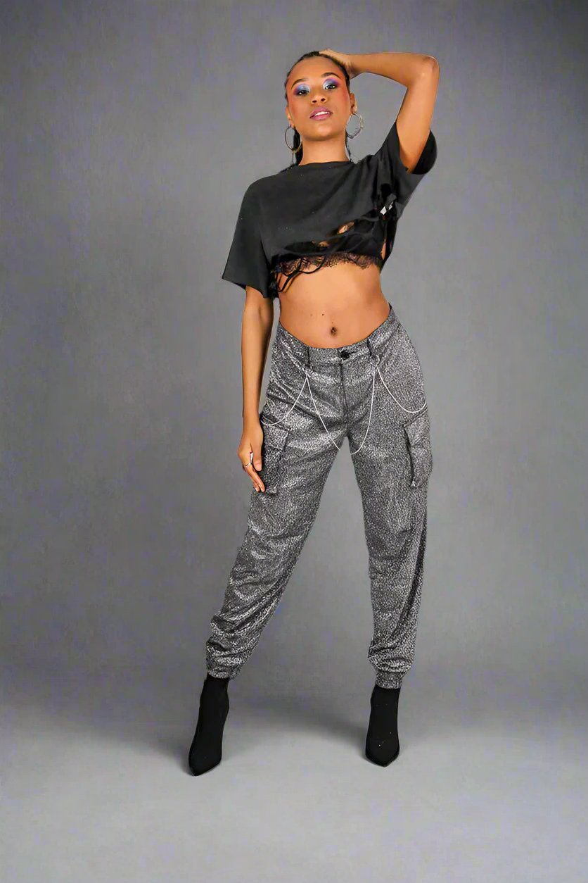 Grey Glitter Cargo Pant With Diamanté Chain