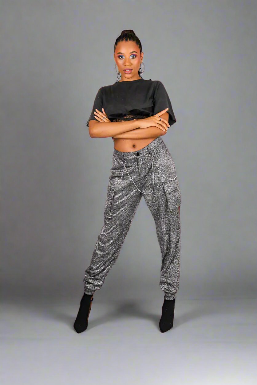 Grey Glitter Cargo Pant With Diamanté Chain