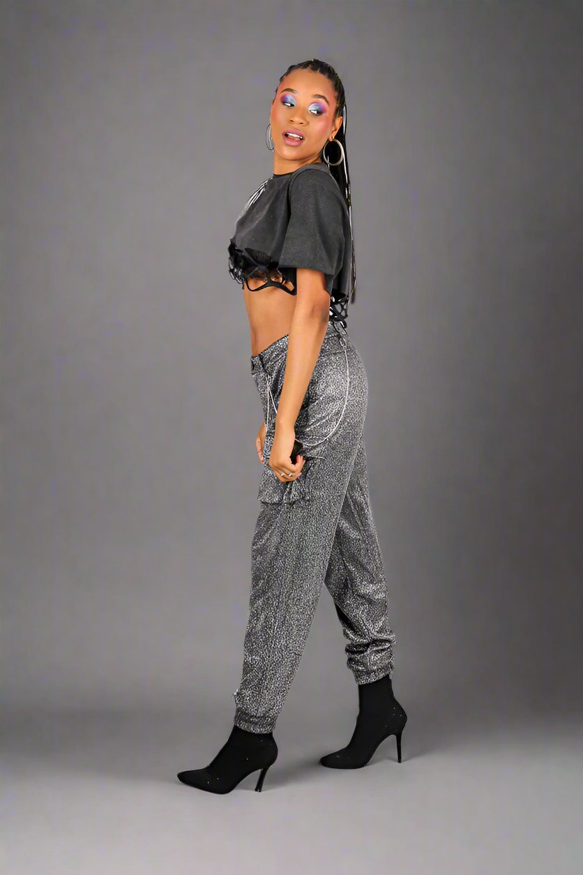 Grey Glitter Cargo Pant With Diamanté Chain