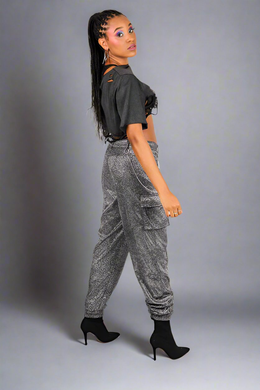 Grey Glitter Cargo Pant With Diamanté Chain