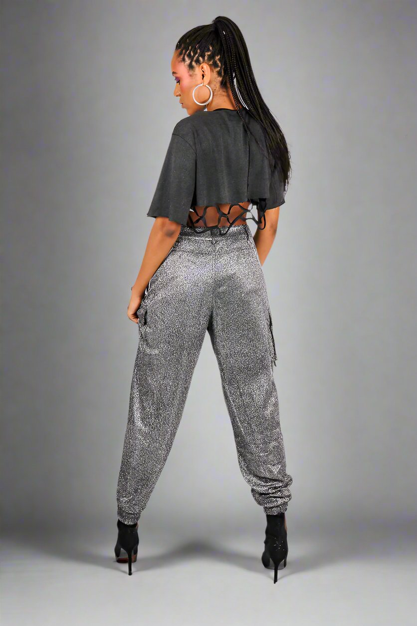 Grey Glitter Cargo Pant With Diamanté Chain