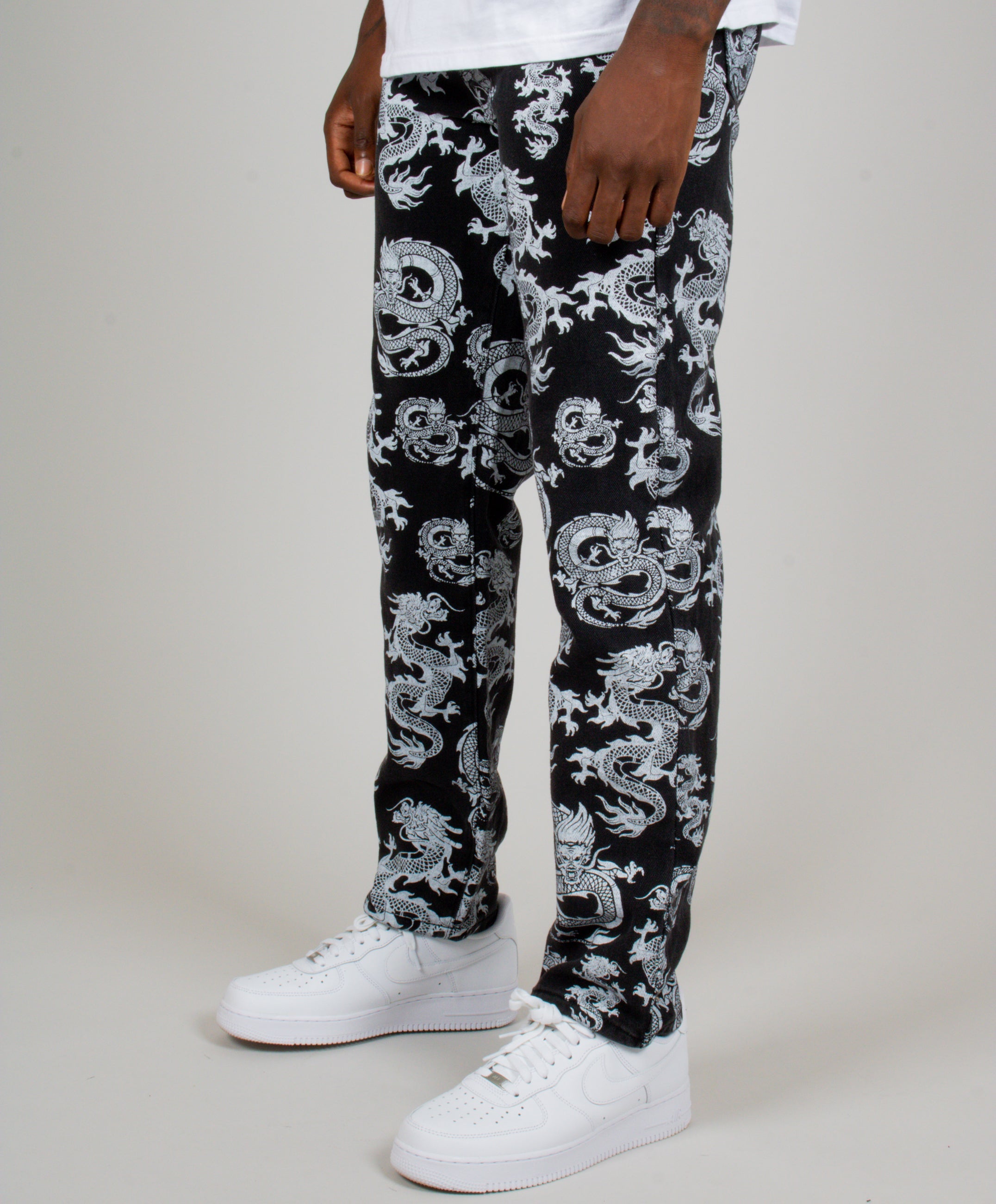 All-Over Dragon Print Straight Leg Black Jeans