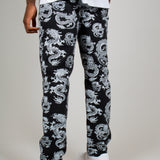 All-Over Dragon Print Straight Leg Black Jeans