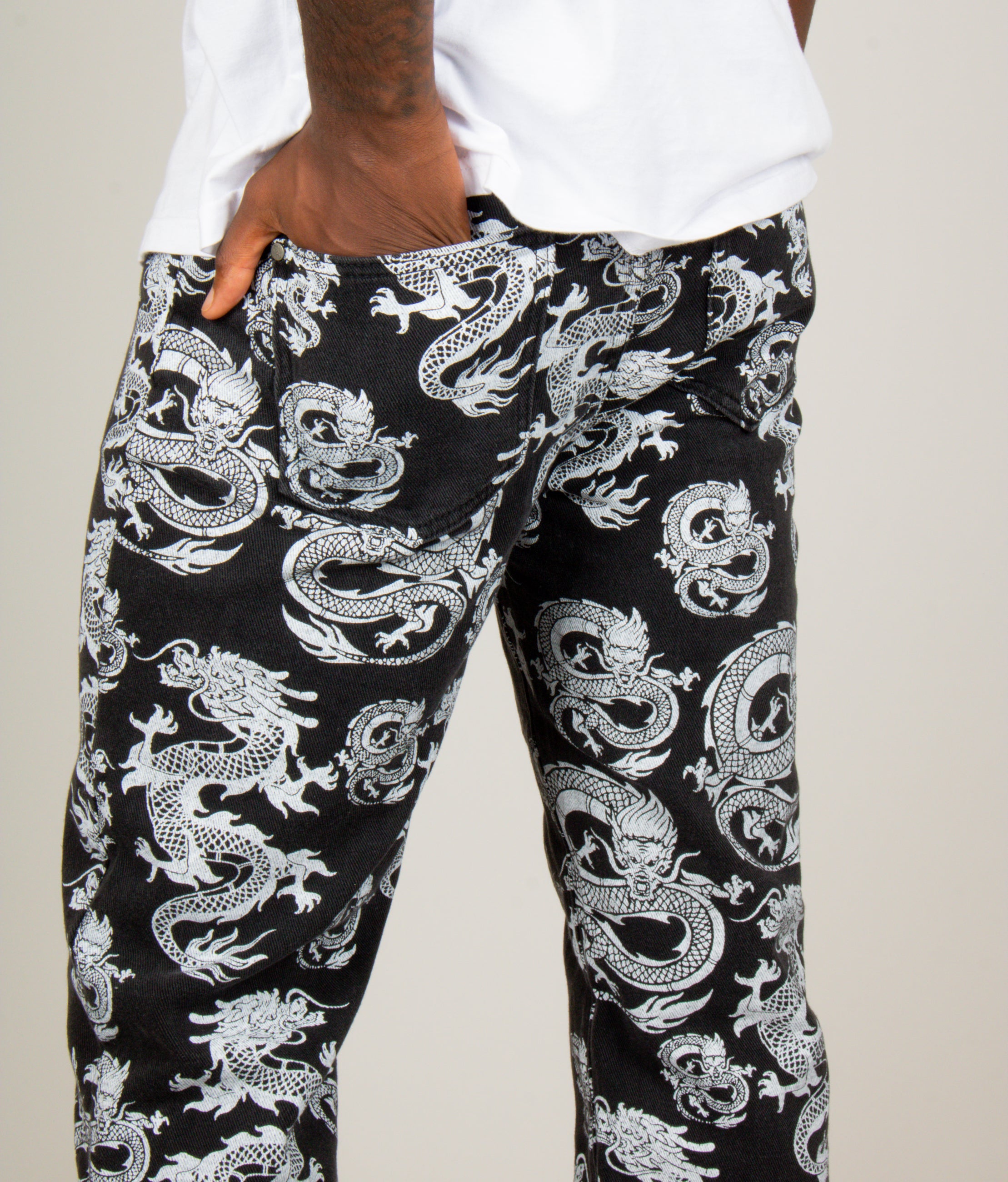 All-Over Dragon Print Straight Leg Black Jeans