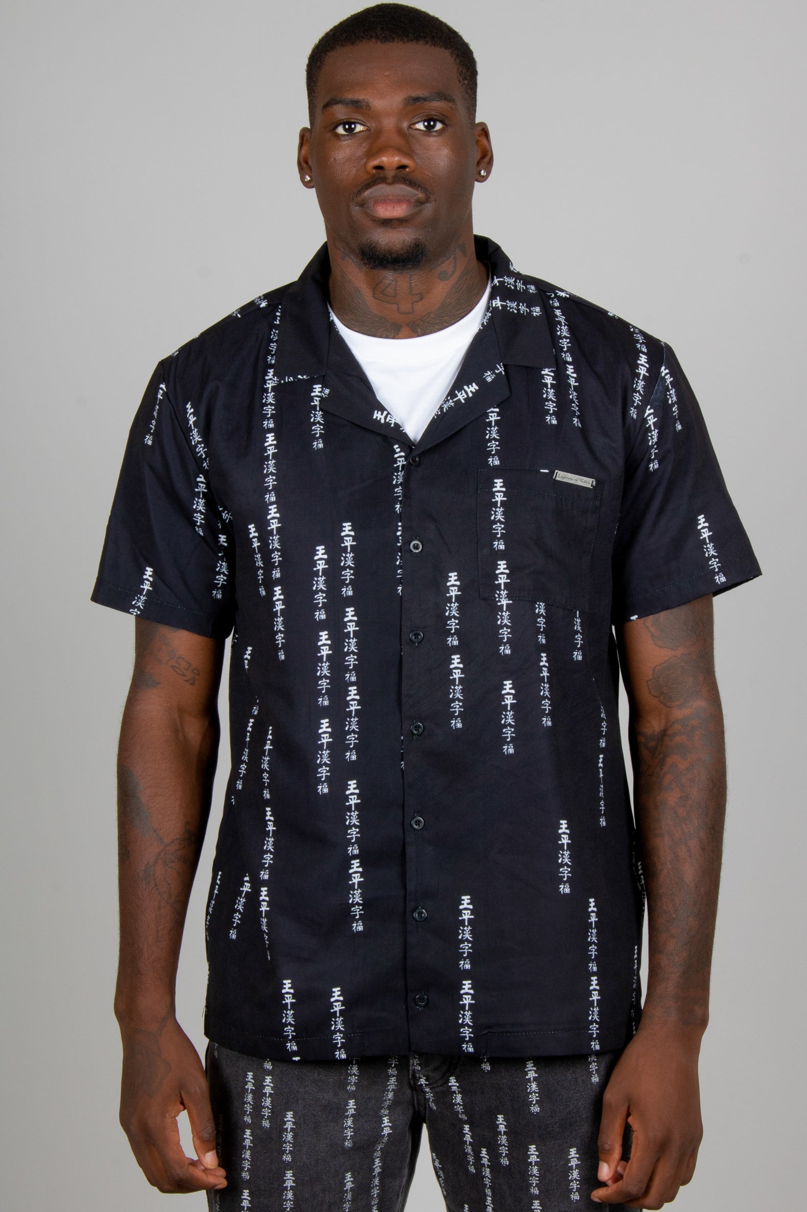 All-Over Japanese Text Short Sleeve Black Shirt