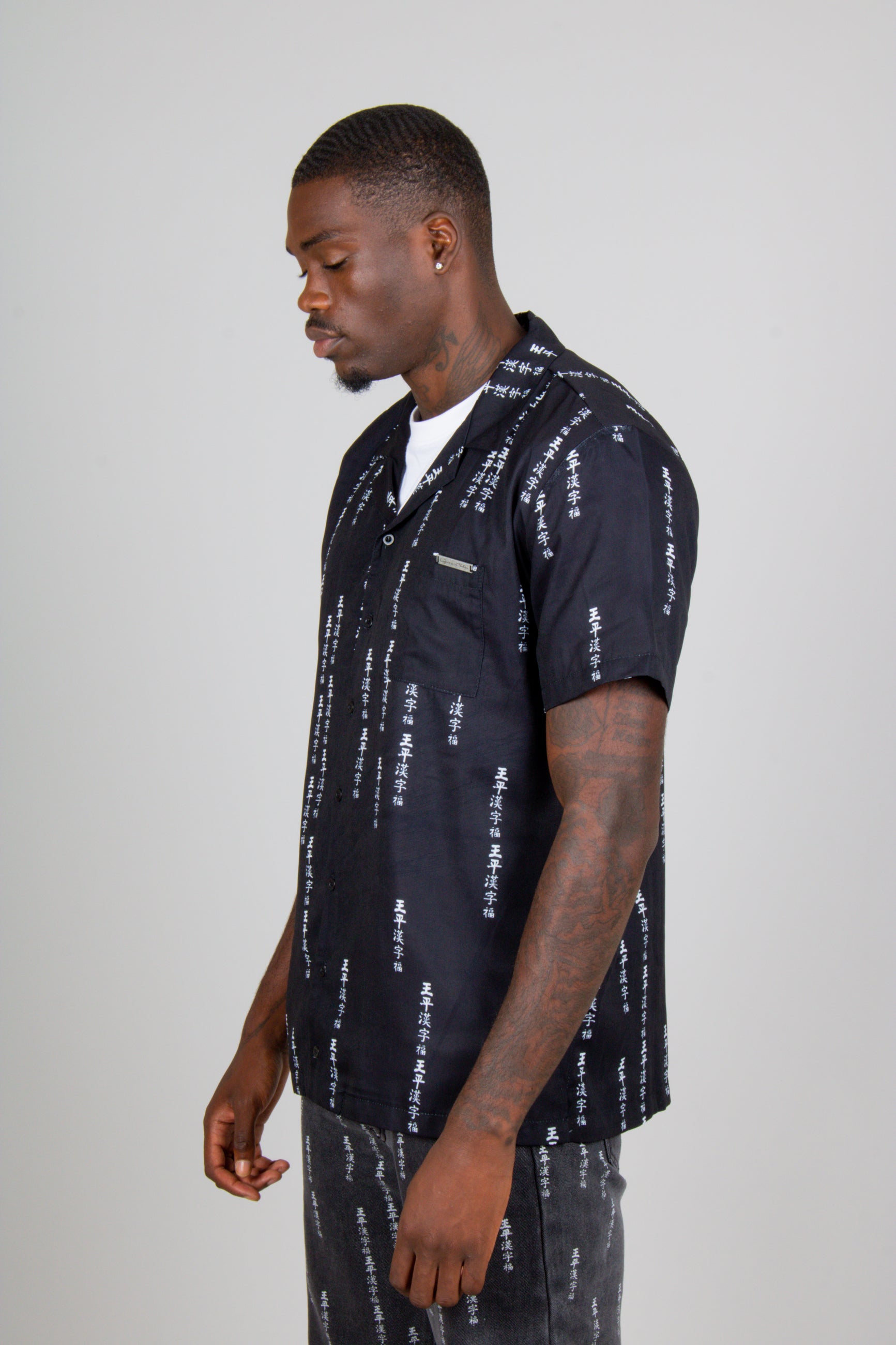 All-Over Japanese Text Short Sleeve Black Shirt