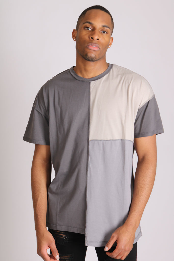 Grey Contrast Patchwork Oversized T-Shirt