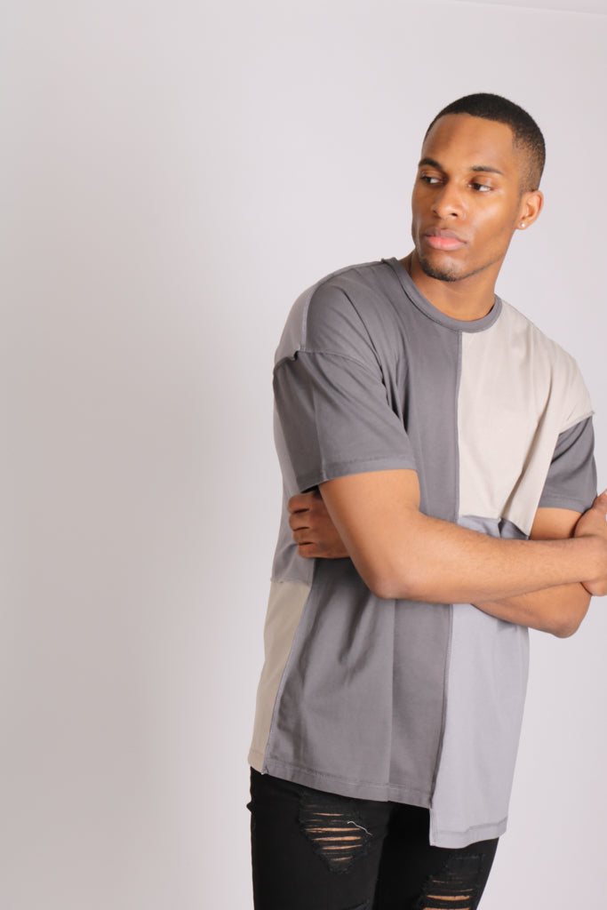 Grey Contrast Patchwork Oversized T-Shirt