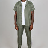 Khaki Pinstripe Revere Collar Short Sleeve Shirt