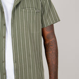 Khaki Pinstripe Revere Collar Short Sleeve Shirt