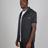 Black Pinstripe Revere Collar Short Sleeve Shirt