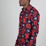 All-Over Dragon Print Long Sleeve Black Shirt