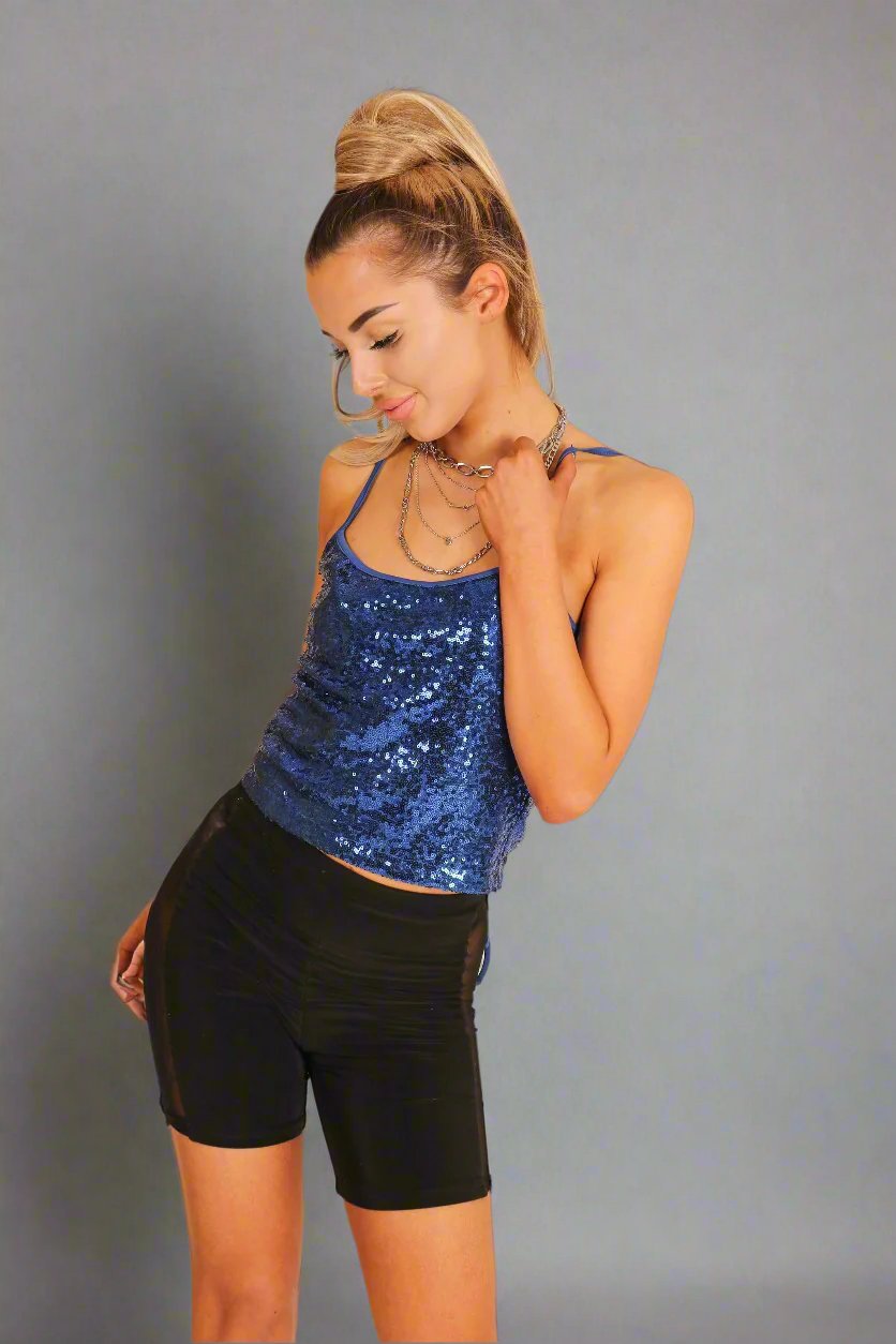 Blue Sequin Crop Top With Lace Up Back