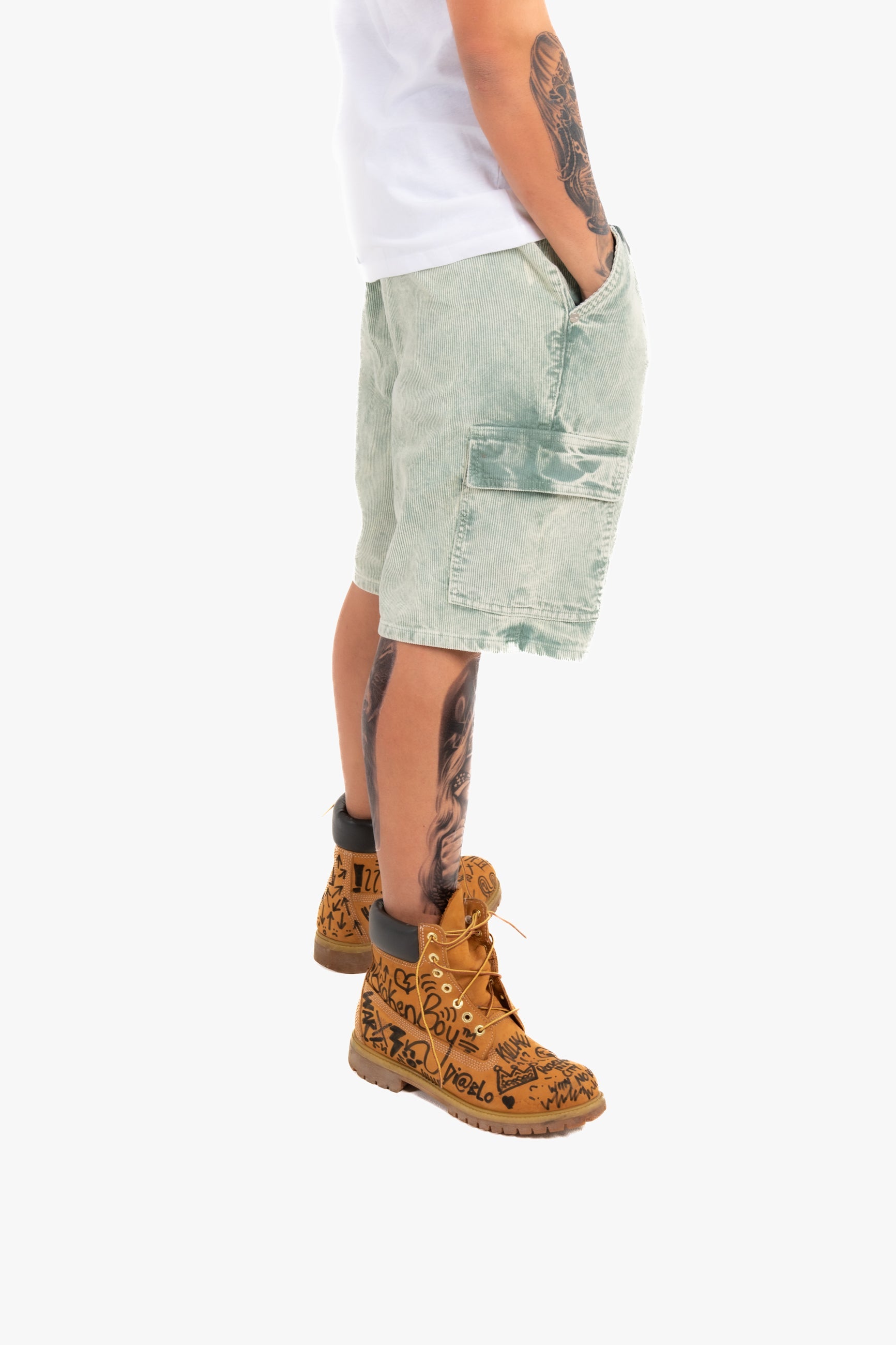 Acid Wash Green Corduroy Cargo Shorts