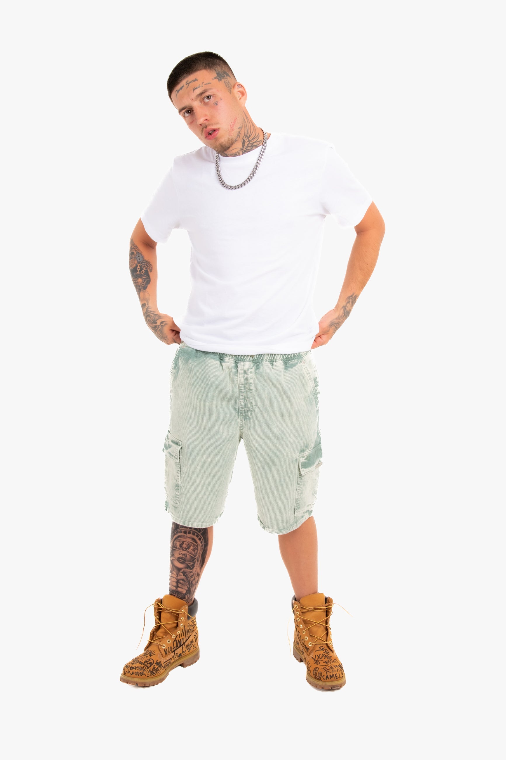 Acid Wash Green Corduroy Cargo Shorts