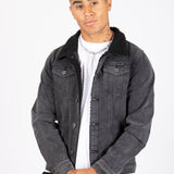 Norton Slim Fit Denim Jacket With Borg Collar In Washed Black