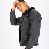 Norton Slim Fit Denim Jacket With Borg Collar In Washed Black