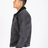 Norton Slim Fit Denim Jacket With Borg Collar In Washed Black